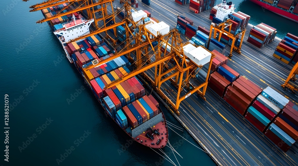 Poster bustling global logistics hub with vibrant shipping container terminal massive cargo ships docked at