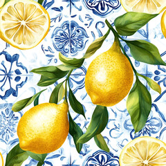 Seamless watercolor pattern of Sicilian lemons with intricate blue and white Mediterranean ceramic tile motifs, delicate lemon blossoms, and green leaves, vintage Italian design, high-resolution