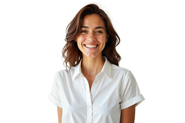 Close-up portrait of a cheerful smiling woman with tanned skin and white teeth. Beautiful model with happy expression posing in studio isolated on transparent background for business or lifestyle...