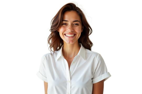 Close-up portrait of a cheerful smiling woman with tanned skin and white teeth. Beautiful model with happy expression posing in studio isolated on transparent background for business or lifestyle...