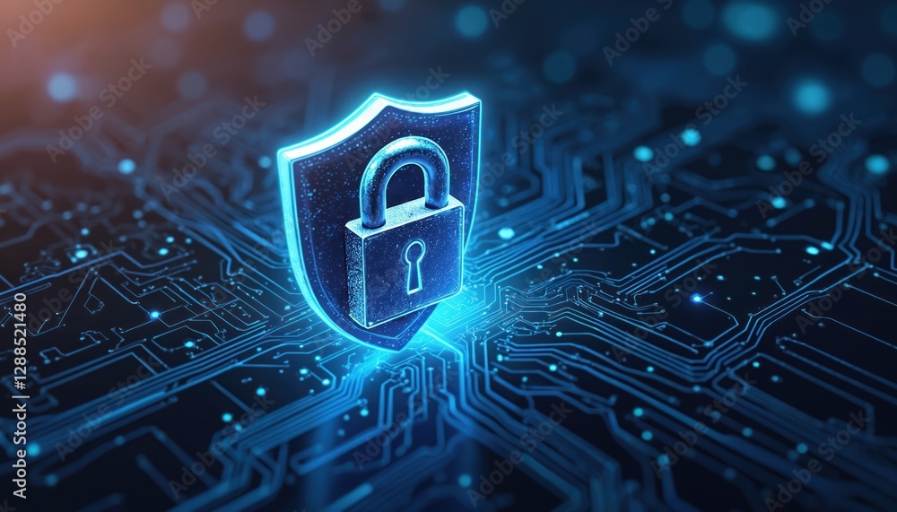 Aufkleber Cybersecurity concept illustration. Lock on shield with circuit board background. Generative AI provides network privacy, digital data protection, system access control. Keep business safe, protect