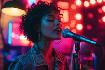 A young woman with short, curly hair passionately sings into a microphone against a vibrant neon backdrop.