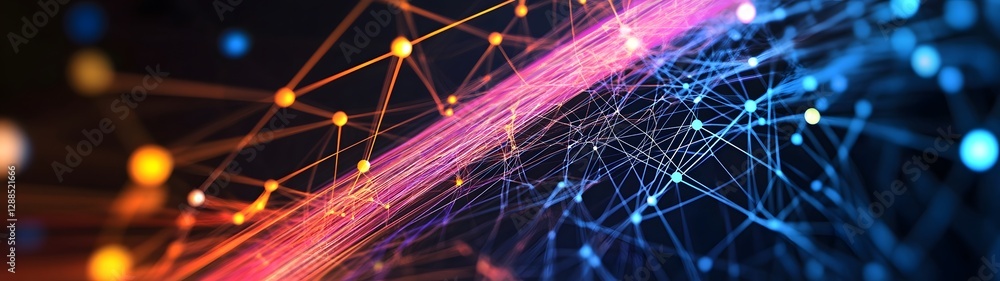 Poster Vibrant digital connectivity and futuristic technology convergence create a captivating cosmic visualization showcasing the dynamic intersection of science data and imagination