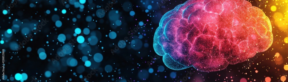 Aufkleber an abstract representation of a brain, illuminated in vibrant colors, surrounded by glowing particle