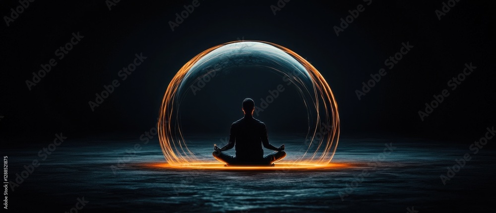 Poster a serene figure meditates within a glowing orb, surrounded by darkness, creating a calming atmospher