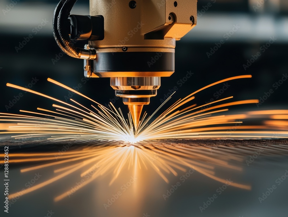 Poster laser cutting action industrial workshop manufacturing process high-tech environment macro view prec