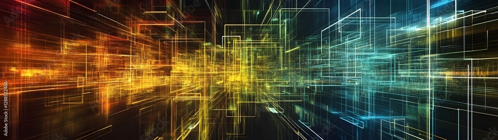 Poster Vibrant Digital Landscape with Futuristic Neon Glow and Dynamic Light Patterns  Abstract technological background with flowing energy data streams and interconnected circuits  Concept of innovation