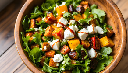 a fresh, colorful salad with mixed greens, roasted vegetables, goat cheese, and a balsamic glaze, served in a wooden bowl