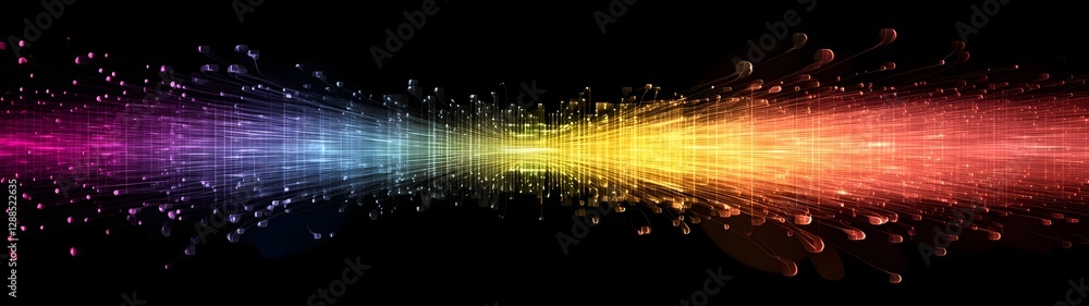 Poster Vibrant Dynamic Light Waves of Colorful Glowing Digital Energy Explosion  Abstract futuristic background with dazzling luminous particles neon gradient