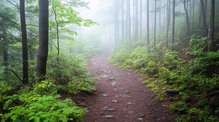 Obraz premium Misty forest trail, hiking path, nature scene, tranquil background, travel