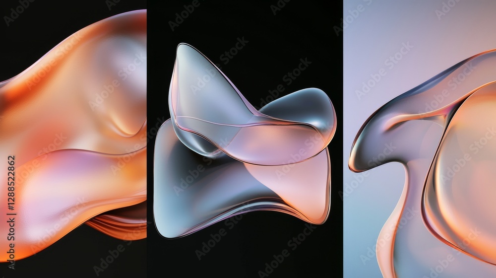 Poster a 3d rendering of a curved wave in motion, featuring abstract liquid glass with holographic, iridesc
