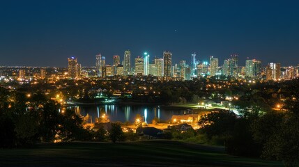 Fototapeta premium Night cityscape panorama, lake reflection, suburban backdrop, urban planning