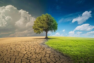 A visual contrast of climate change  half dry tree and lush green grass in split screen photography