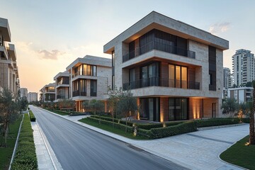 Modern homes line a suburban street during a sunset. Trees & greenery abound