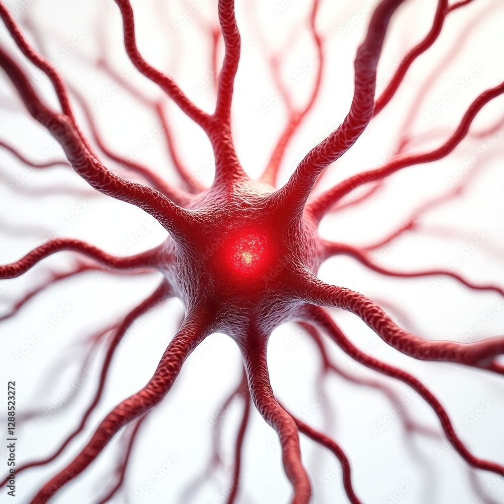 Poster Illustration of glowing red neuron with branching dendrites, vibrant network of neural connections isolated on transparent backdrop. Nerve cell signal impulse, detailed structure of nervous system
