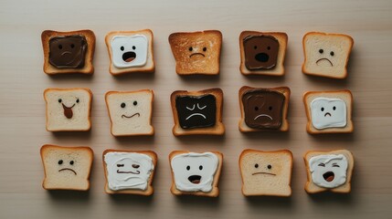 slices of bread with different faces expression on top.