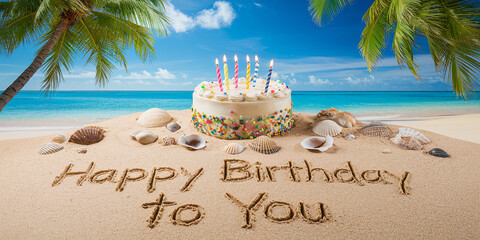 A vibrant tropical beach scene with a birthday cake surrounded by seashells and Happy Birthday to You elegantly written in the sand. Ideal for festive birthday backgrounds and summer celebration.