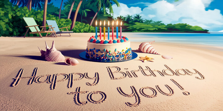 A vibrant tropical beach scene with a birthday cake surrounded by seashells and Happy Birthday to You elegantly written in the sand. Ideal for festive birthday backgrounds and summer celebration.