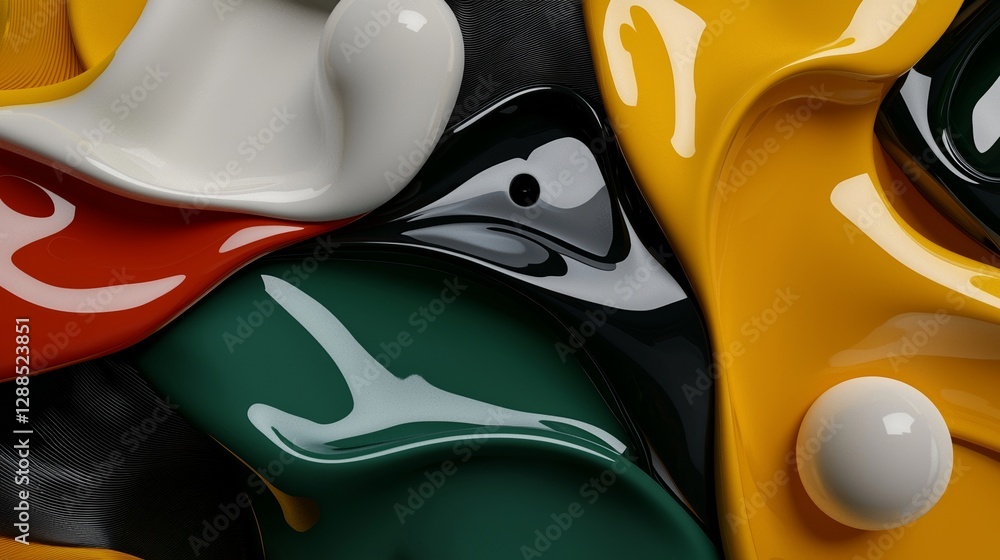 Poster liquid shapes that are abstract move with spheres made of glass and a bokeh effect