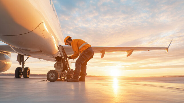 Aircraft mechanic performing maintenance at sunrise on an airplane in operation