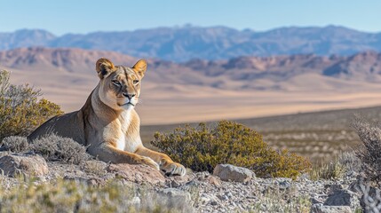 Majestic lioness resting, arid mountain backdrop, wildlife documentary