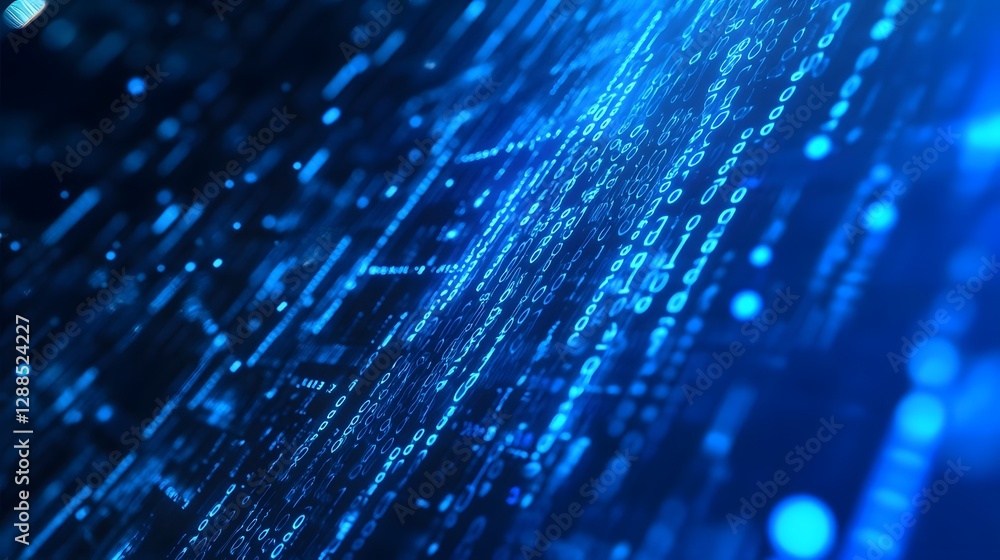 Poster vibrant electric blue fiber optic strands streaming and pulsing through a futuristic glowing network