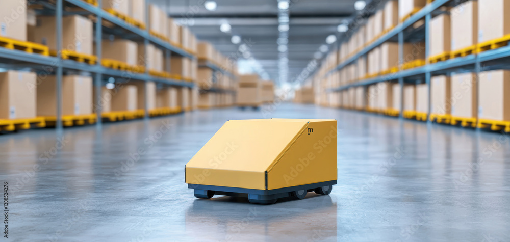 Poster automated item retrieval system warehouse digital image industrial environment ground perspective ef