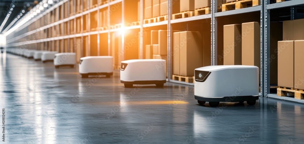 Poster automated robots operating in warehouse logistics facility technology showcase modern environment ae