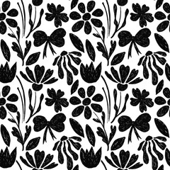 Seamless pattern with spring flowers and plants in trendy pencil, crayon drawing style. Black bold crayon floral shapes pattern. Drawn manual on paper