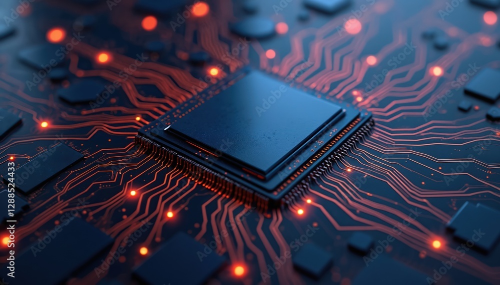 Poster Circuit board with glowing orange paths represents future tech. Central processor unit shows digital network, electronic circuit, computer hardware, chip integration, data processing, connection,