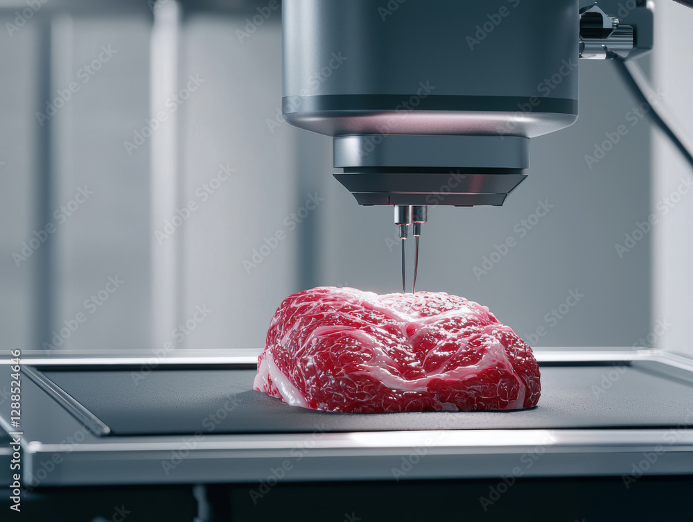 Poster 3d printing process of meat laboratory setting technology innovation futuristic environment close-up