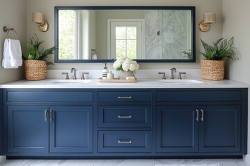 Elegant bathroom with blue vanity, mirror, white flowers, plants, and bright window