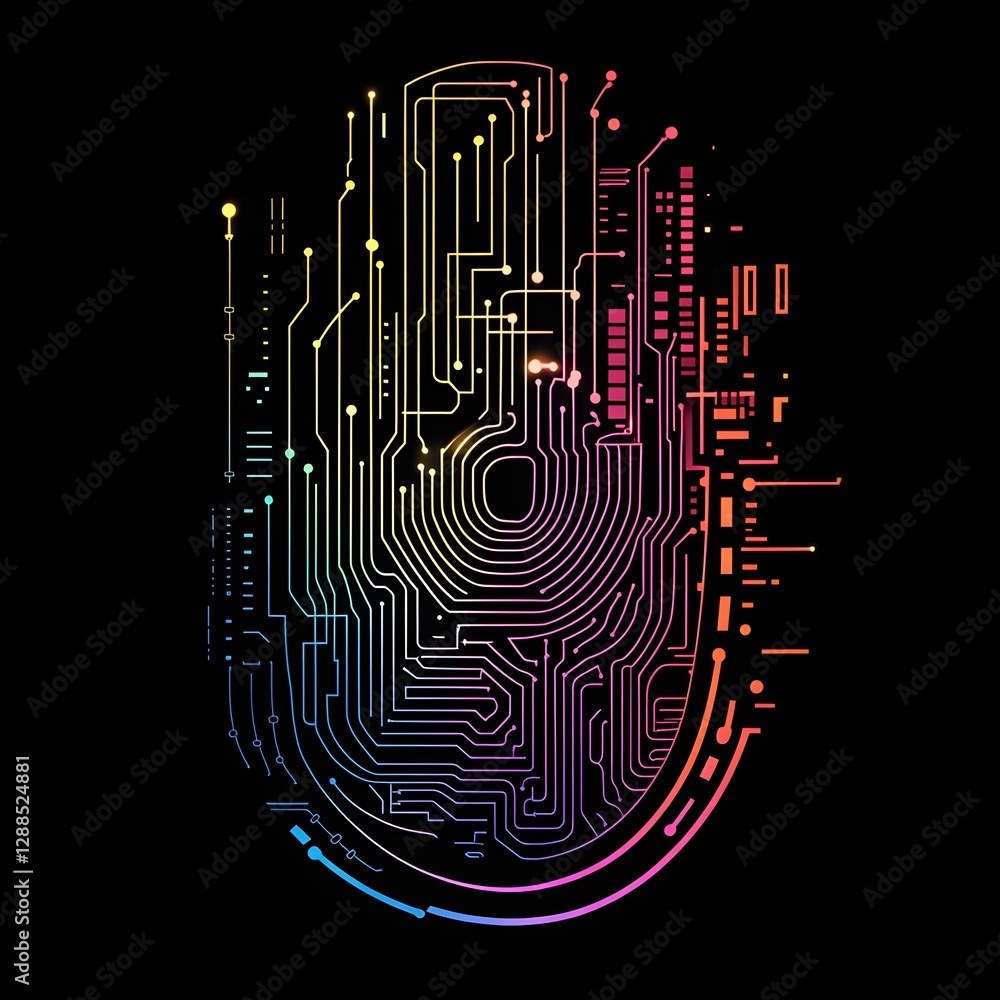 Aufkleber vibrant futuristic digital circuit with glowing neon gradient shapes and flowing energy waves colorf