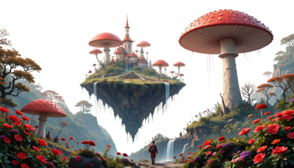 Fantasy world with red mushrooms floating high.png