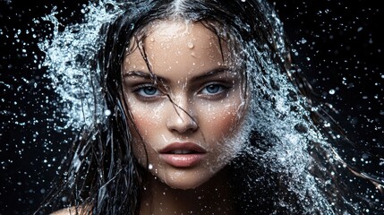 Woman, water splash, portrait, studio, dark background, beauty, advertising