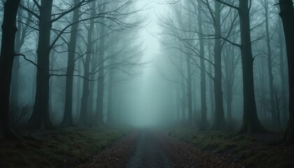 Fototapeta premium Eerie forest path with mist. Tall tree silhouettes, foggy blue hues create spooky atmosphere. Ground covered foliage, leaves. Dark woods road for mystery, fantasy or horror background.
