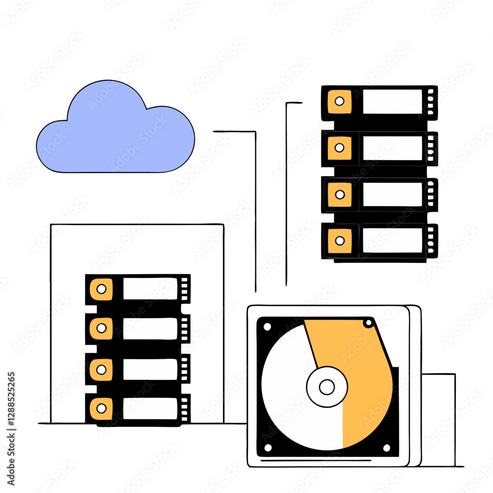 Poster various data storage solutions are displayed, featuring cloud technology alongside physical storage 