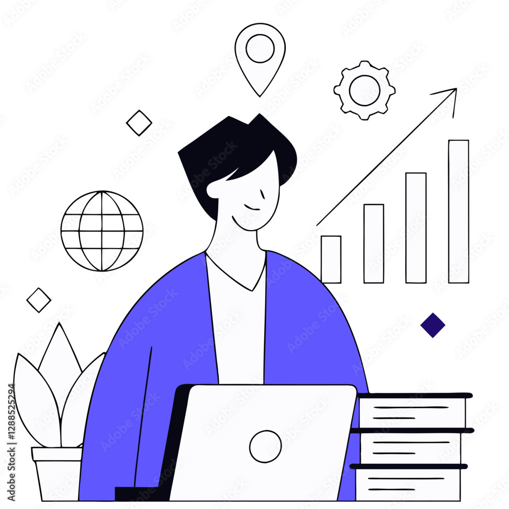 Poster a person is focused on their laptop while seated at a desk surrounded by books and plants, with char