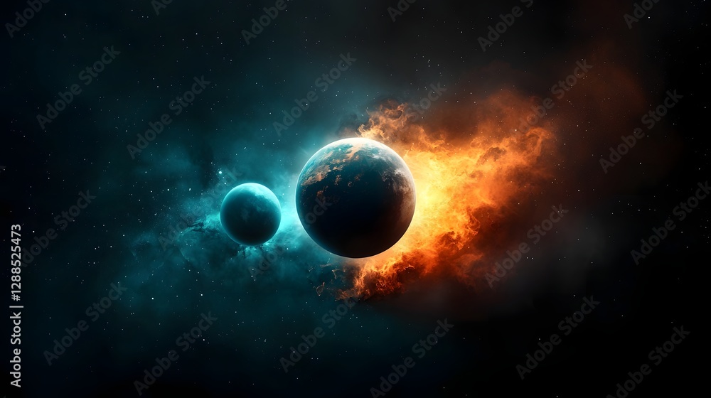 Poster captivating cosmic scene depicting two mysterious planets on either side of the frame set against a 