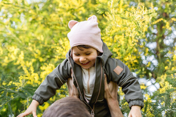Smiling child in warm clothes and a beanie playing outdoors, lifted in the air by a parent, surrounded by blooming mimosa flowers, joyful springtime moment, nature and family bonding
