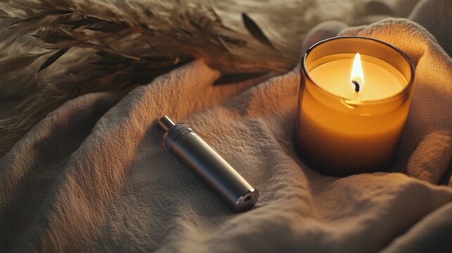 Vaping device on a soft beige cloth with a decorative candle nearby. Featuring relaxation and warmth