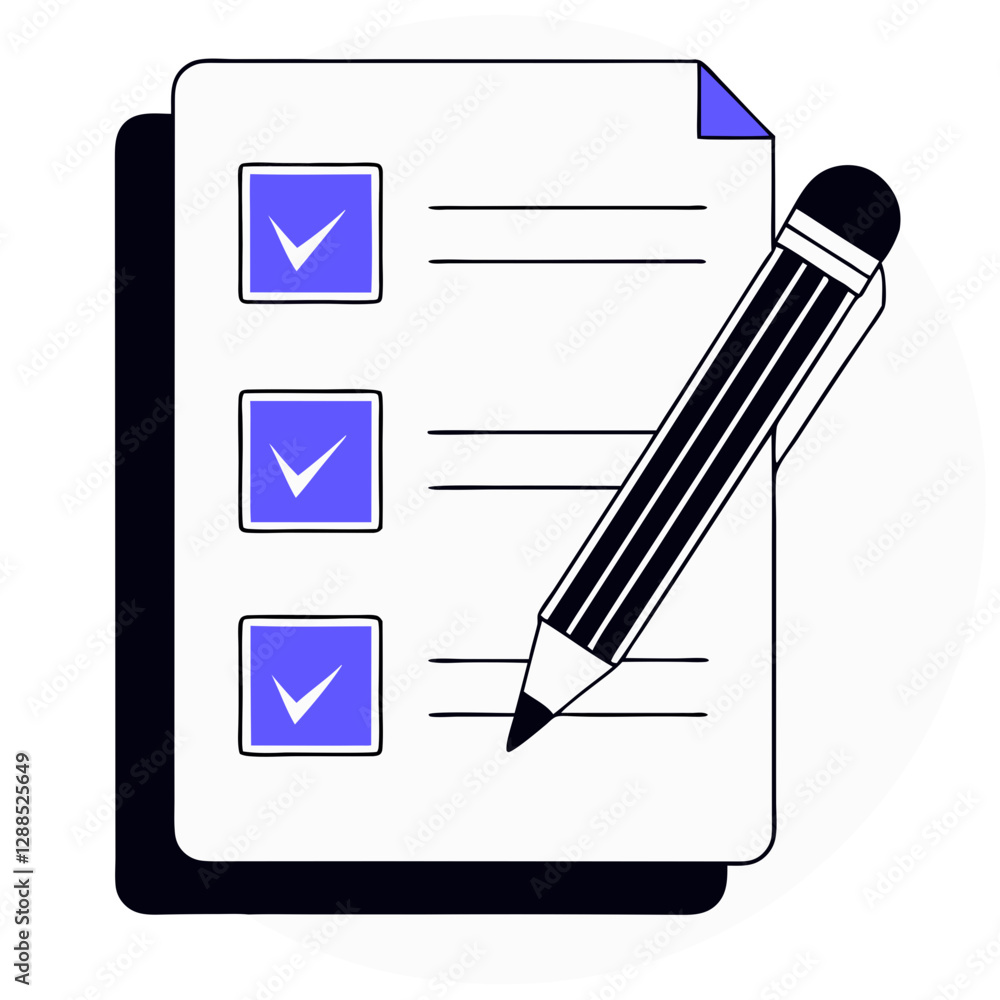 Poster a pencil actively marks checkboxes on a checklist paper, indicating task completion in a tidy worksp