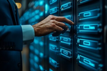 Man's hand interacting with glowing server rack in a data center