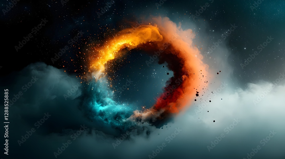 Poster captivating cosmic wormhole drawing with infinite depth of bright stardust being pulled into an open