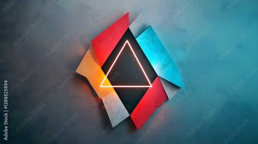 Poster captivating digital abstract with geometric neon shapes arranged in a symmetrical futuristic synthwa