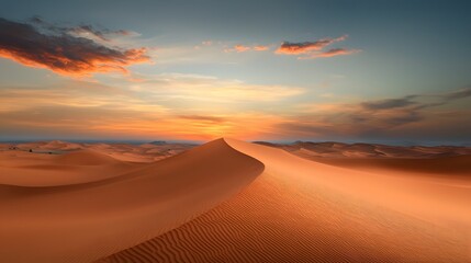 Captivating desert dunes with golden sand curving on both sides set against a serene sunset horizon and smooth empty sky  A tranquil and atmospheric natural landscape perfect for travel adventure