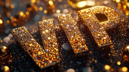 Vip letters covered in sparkling gold glitter with blurred light reflections, luxury and exclusivity concept