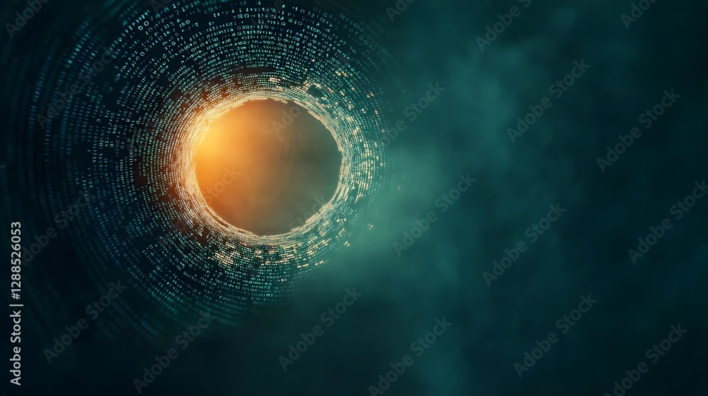 Poster captivating digital artwork depicting a cascade of matrix code falling from the edges of a dark sci 