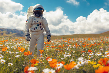 In a breathtaking landscape, a space explorer in a sleek spacesuit stands amidst colorful daisies and poppies. This lush green field sets the scene for a remarkable cosmic adventure