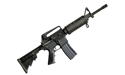 Modern Assault Rifle on white background: A detailed studio shot of a sleek, modern assault rifle, showcasing its design and functionality against a pure background, ready for action.